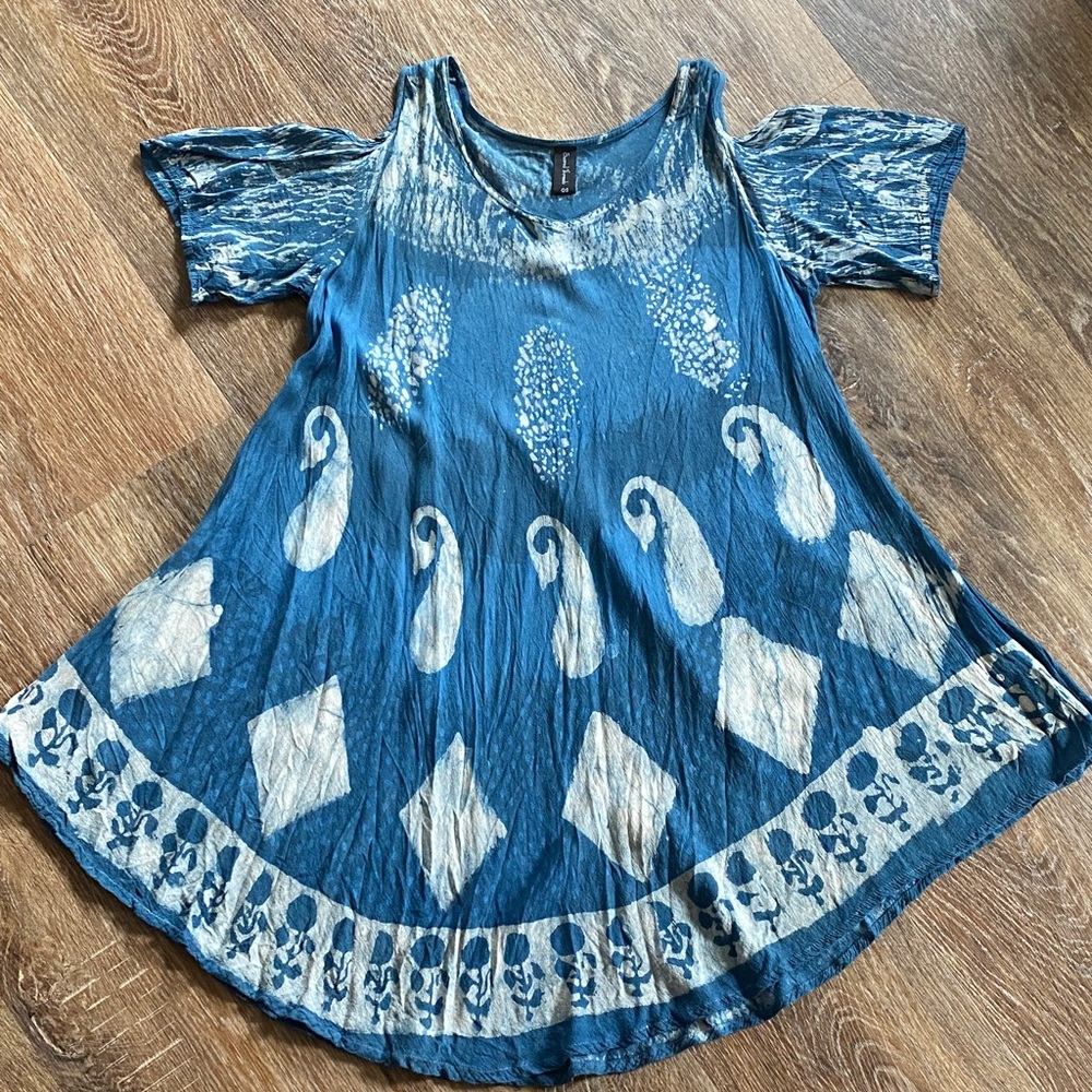 Sacred Threads Blue and Cream Batik Print Boho dress